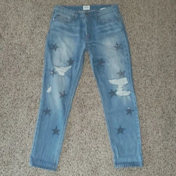 NWOT HUDSON Riley Distressed Rhinestone Button Fly Light Relaxed Jeans - Picture 2 of 16